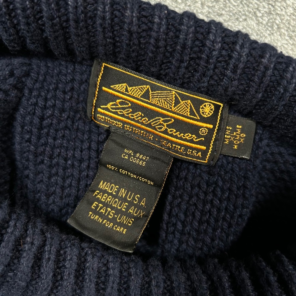 VTG Eddie Bauer Cable Knit Sweater Colorblock Navy Teal Burgundy Men XL Made USA - Picture 2 of 13